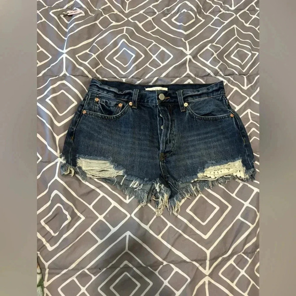 We The Free Free People Daisy Chain Blue Denim Cut-Off Shorts w/ Lace, Size 27 - Picture 1 of 12